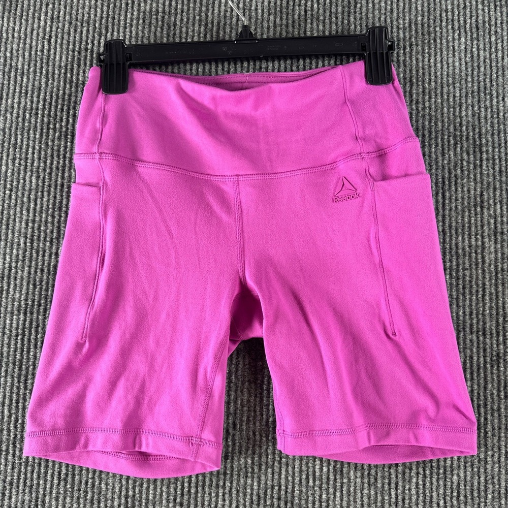 Reebok Womens Pink High Waisted Biker Shorts Side Pockets Athletic Size Small